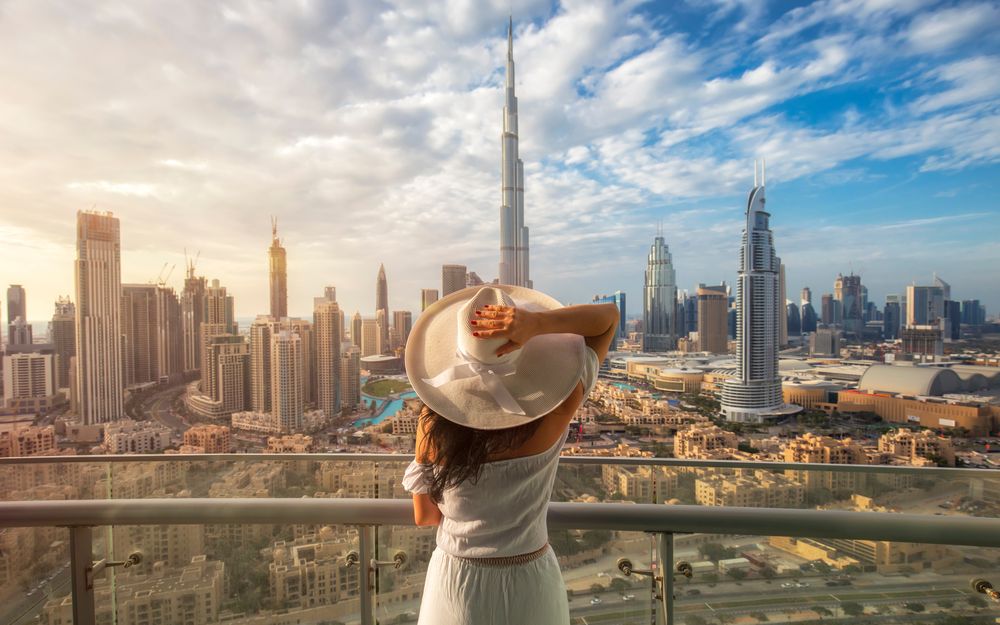 The Dubai skyline with the Burj Khalifa at sunrise