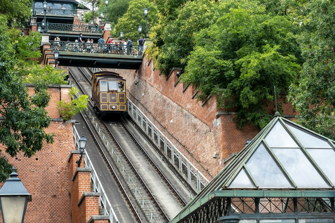 Funicular car climbing a steep green hillside above a city