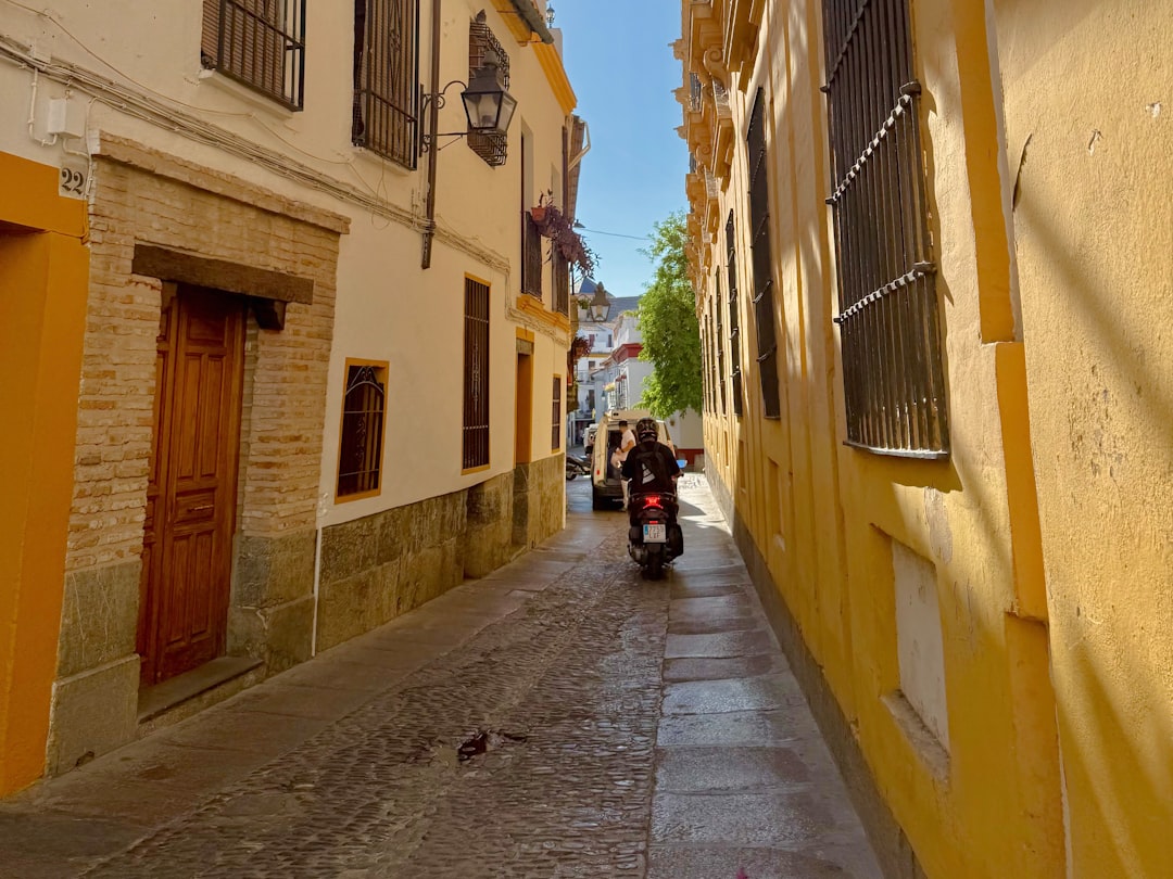 Narrow whitewashed alley with flower pots and wrought iron balconies