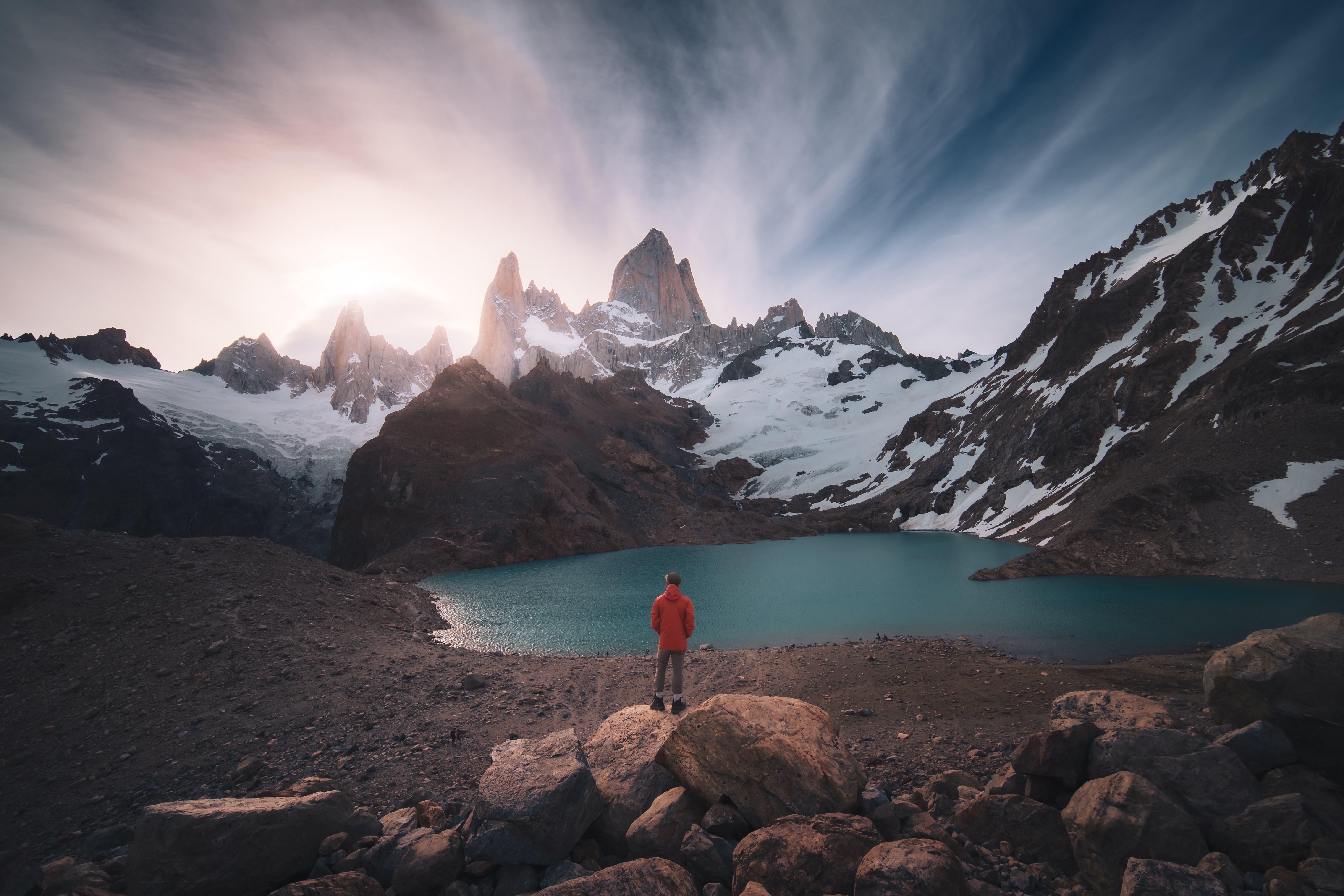 The glacial lake Laguna de los Tres reflecting Mount Fitz Roy’s spires.