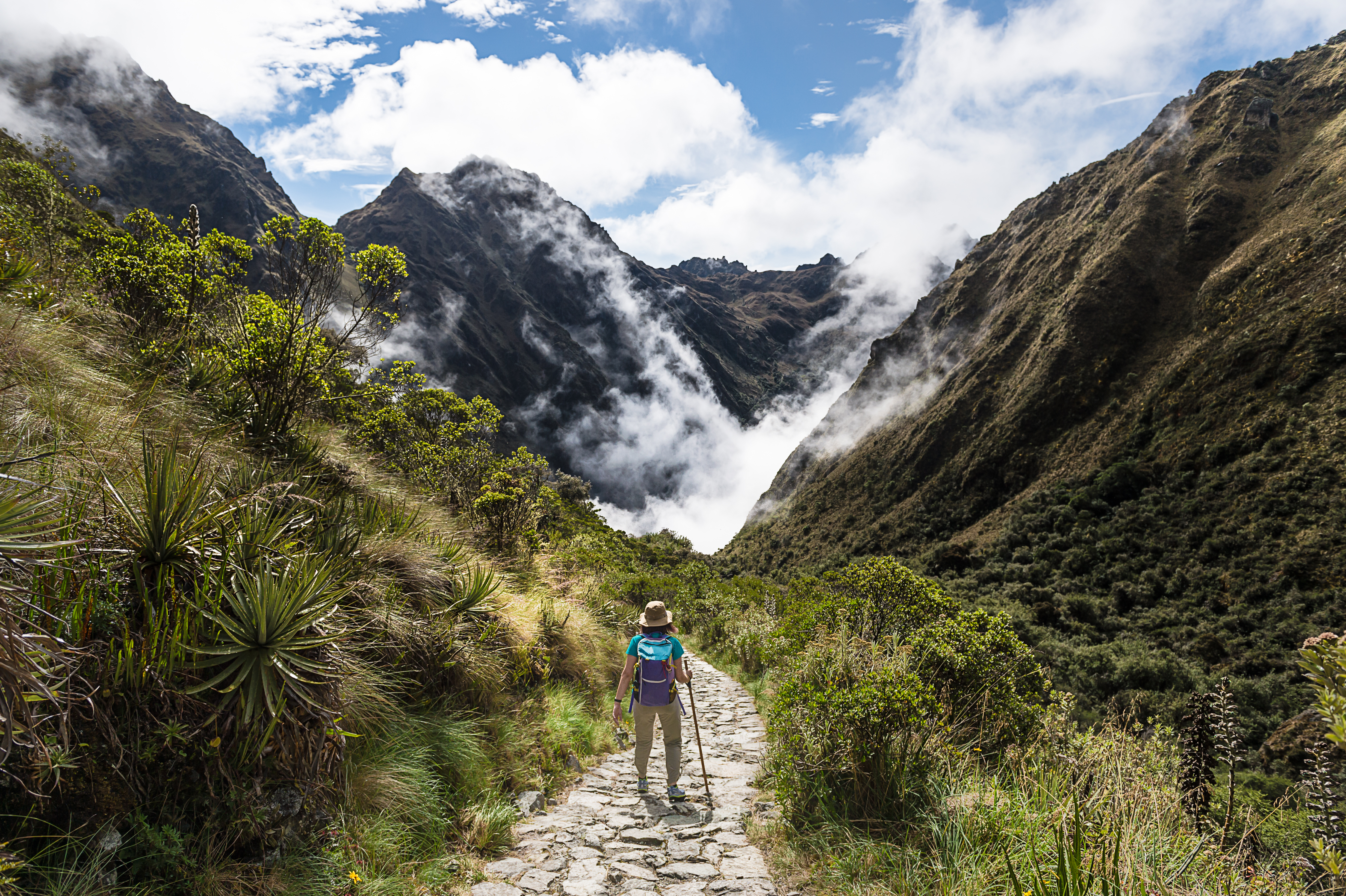 The Inca Trail winding through cloud forests toward Machu Picchu’s Sun Gate.